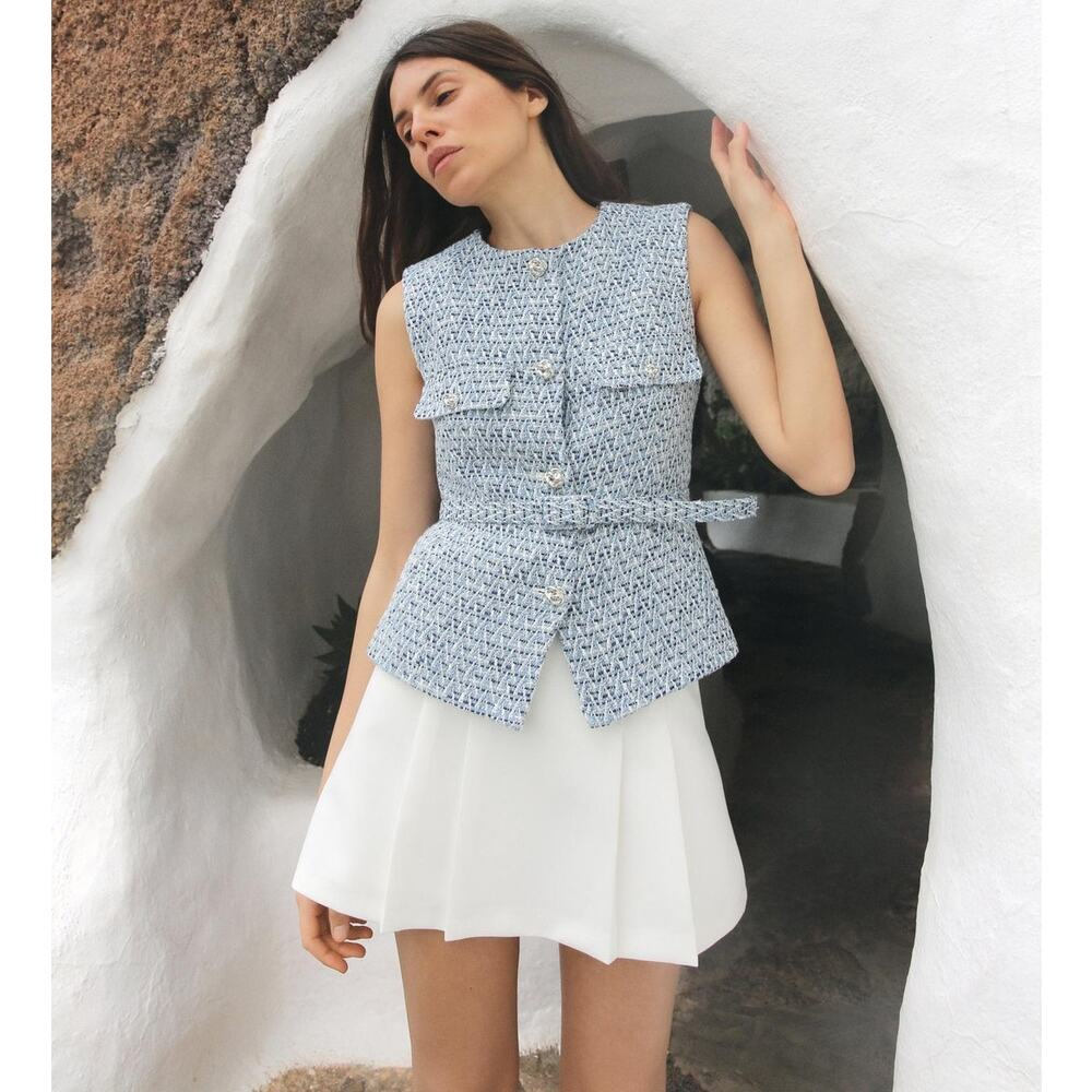 Zara NWT Blue Textured Belted Vest Tweed Waistcoat XL